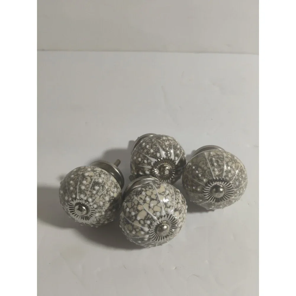 Lot of 4 Sea Urchin Ceramic Drawer Knob Pulls Gray White Beige Silver 1.5